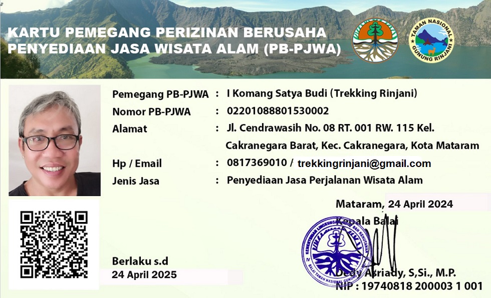 Kartu Pemegang Perizinan Penyediaan Jasa Perjalanan Wisata Alam Gunung Rinjani